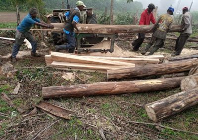 Logs being cut into planks for framing the kindergarten.